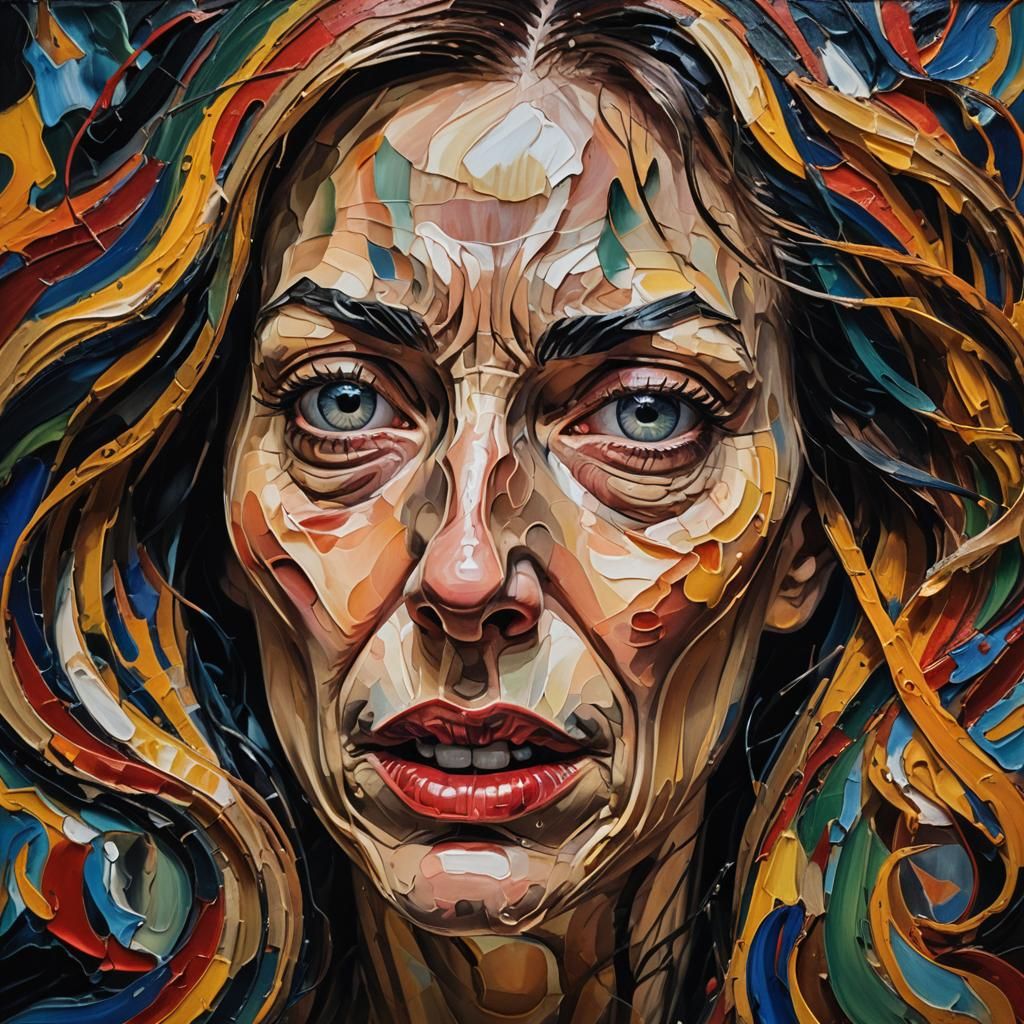 Distorted Expressionist Portrait in Vibrant, Chaotic Colors
