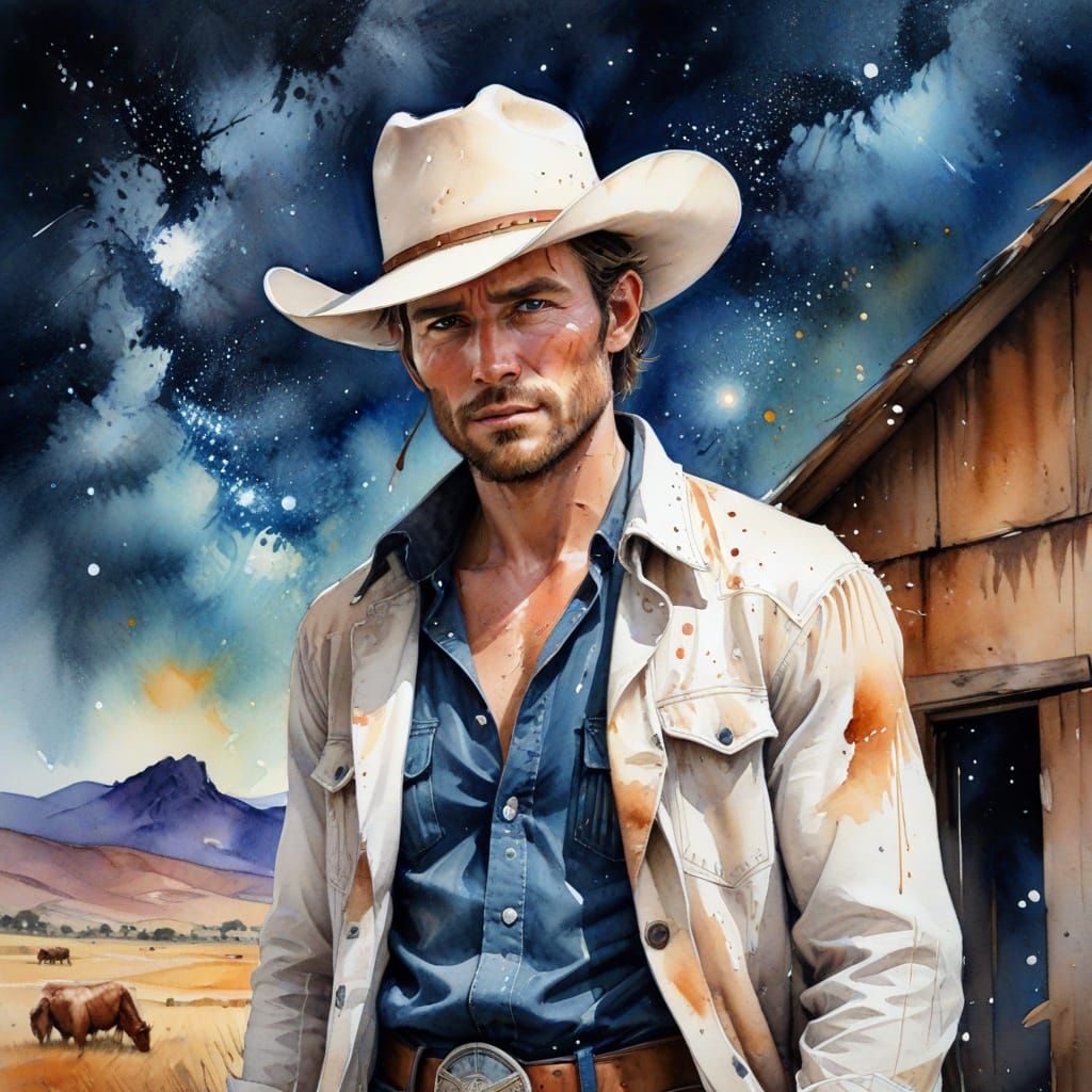 Cowboy Emerges From Barn Under Milky Way Sky