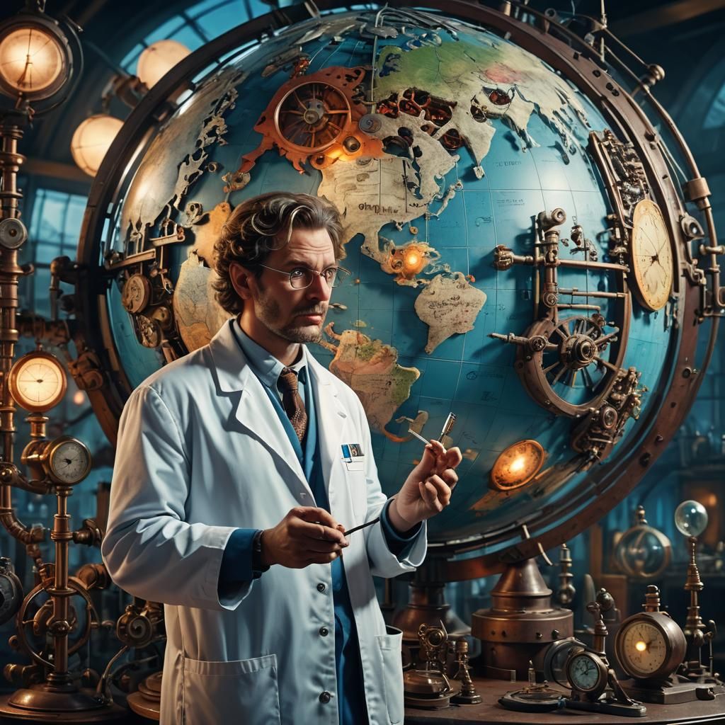 Sci-Fi Scientist with Globe in Dystopian Lab
