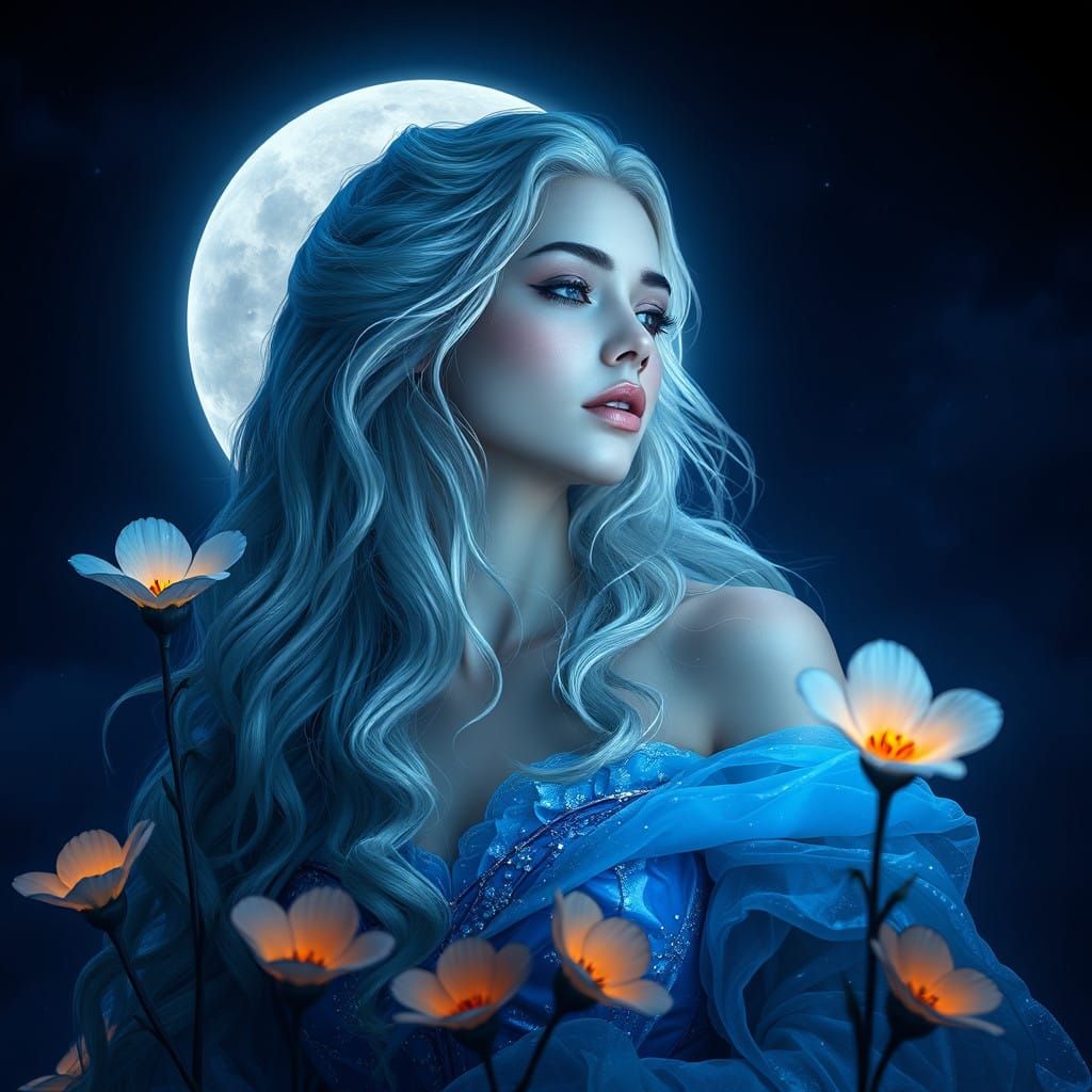 Enchanting Moon Goddess in Shimmering Blue Gown Under Starry...