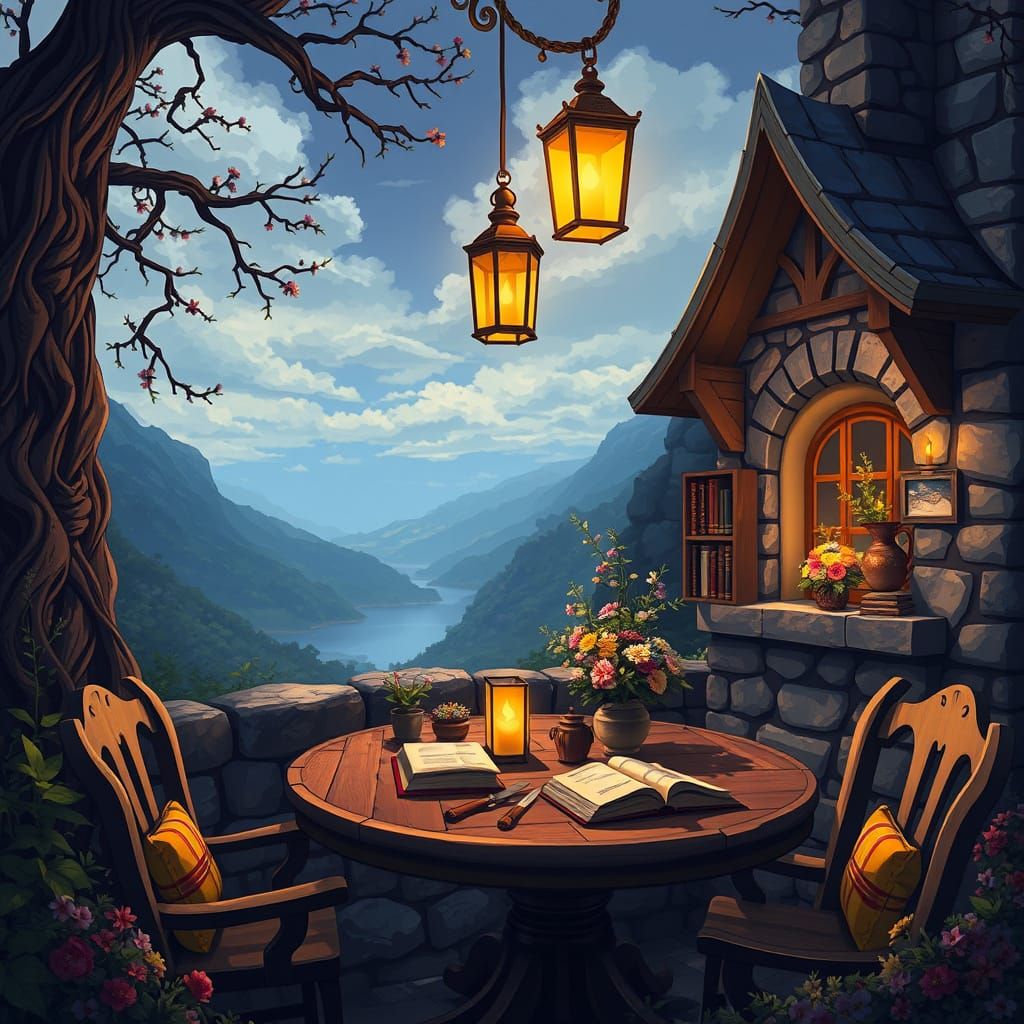 Cozy Cottage with Golden Lights in Anime Style