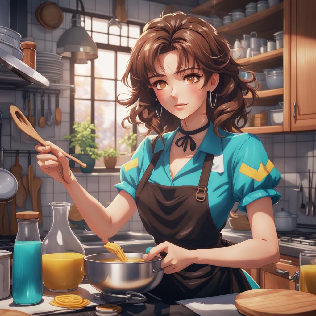 Nineties Woman Cooking in Kitchen: 3D Anime Art