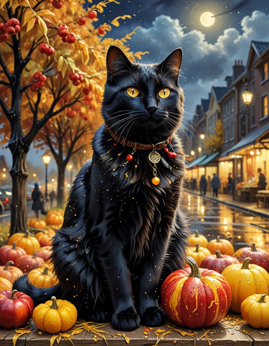 Steampunk Black Cat in Autumn Harvest City