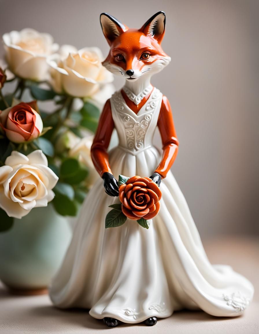 Fox Figurine in White Dress: Lladro-Style Ceramic
