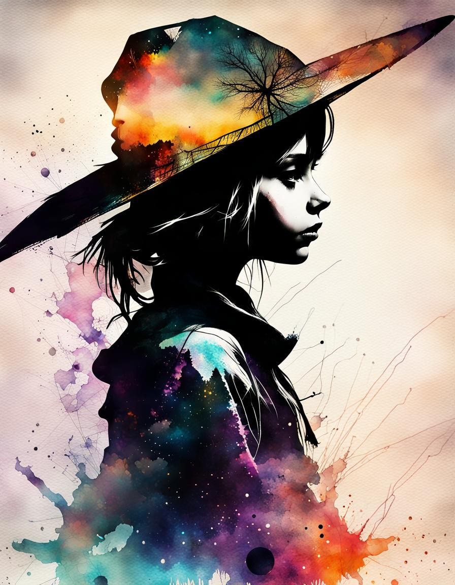 Holographic Witch Silhouette with Double Exposure