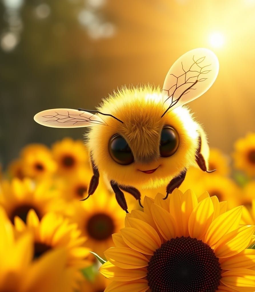 Golden Bee in Radiant Sunflower Field