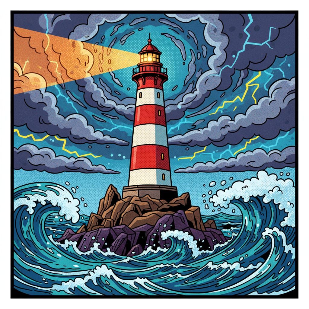 Mid-Century Pop Art Lighthouse on Stormy Coast