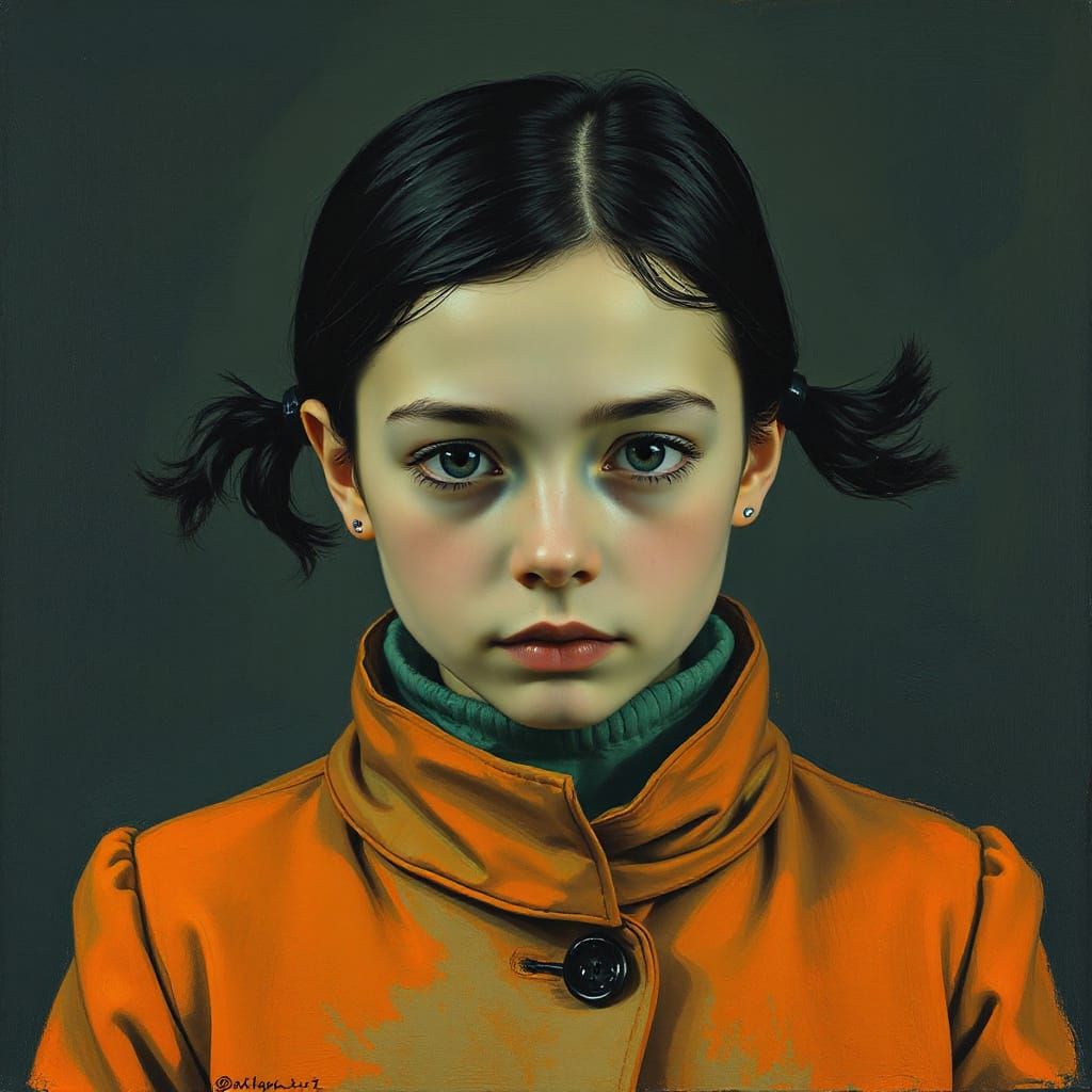 Neon Portrait of Girl with Empty Eyes as Oil Painting