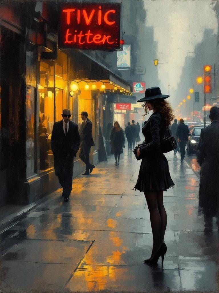 Italian Woman in Noir Style on City Sidewalk