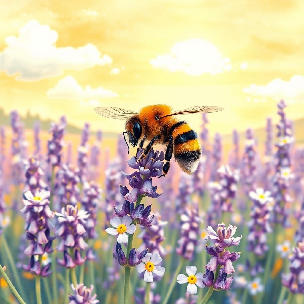 Lavender Fields Dance with a Delicate Bee in Impressionist S...
