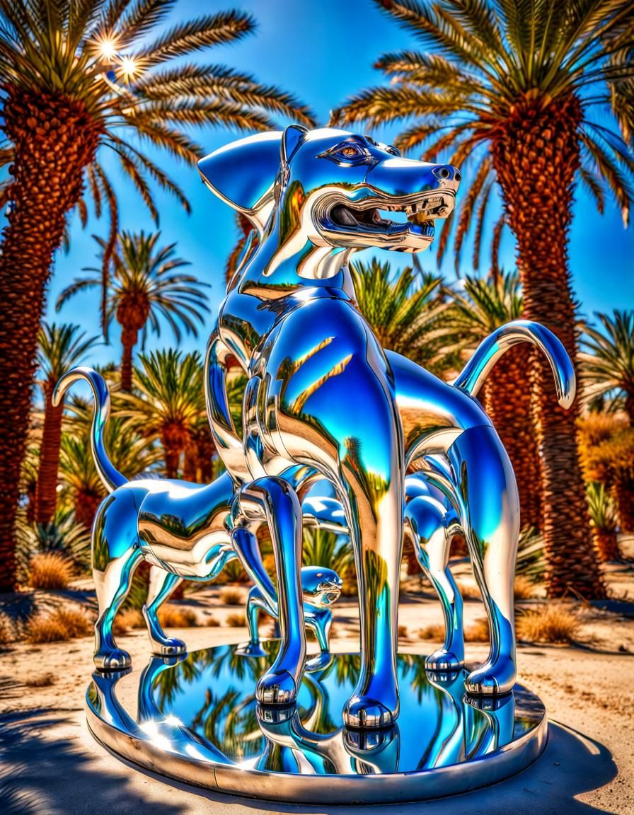 Elegant Metal Sculpture in Retrofuturistic Oasis