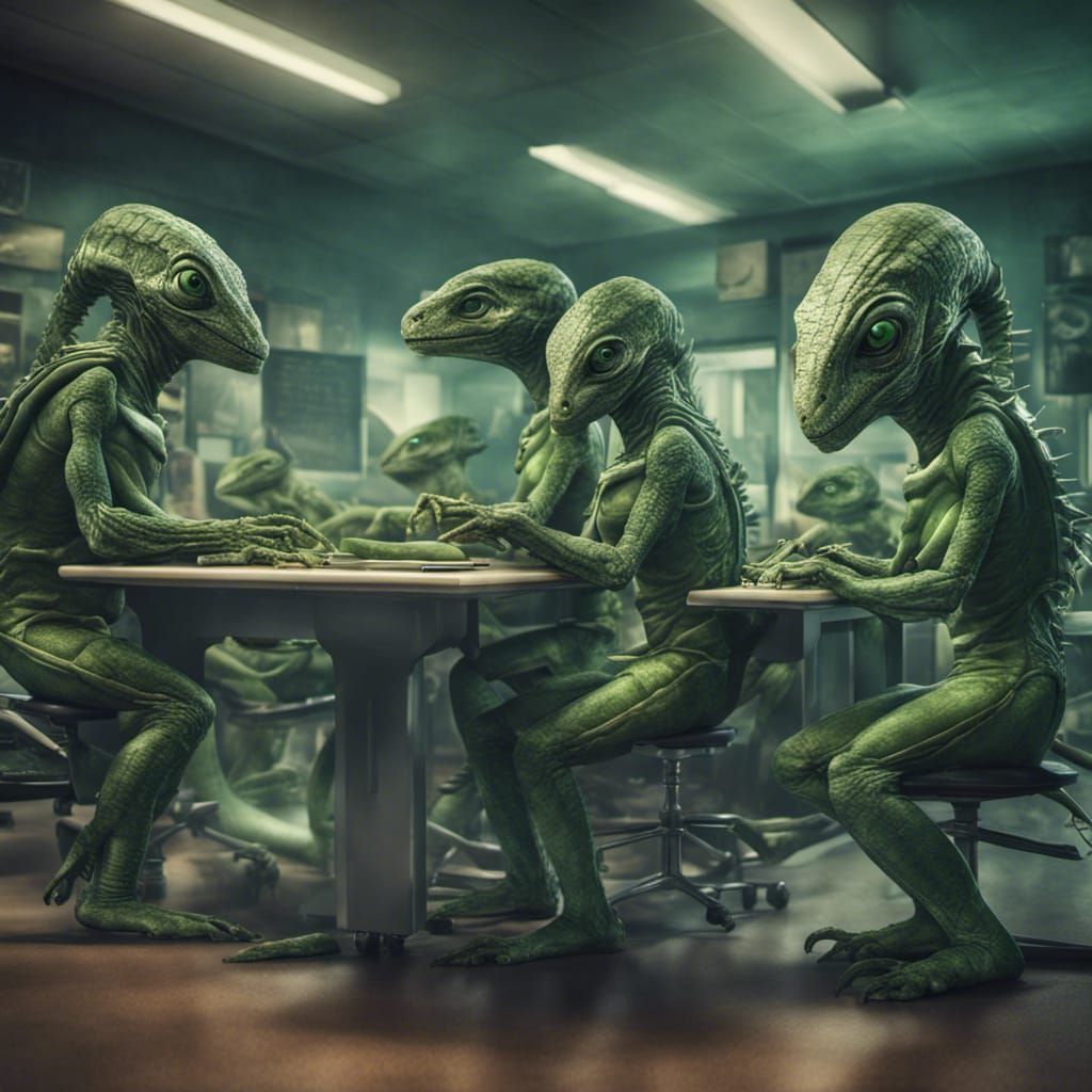 Reptilian Aliens Collaborate in Futuristic Classroom