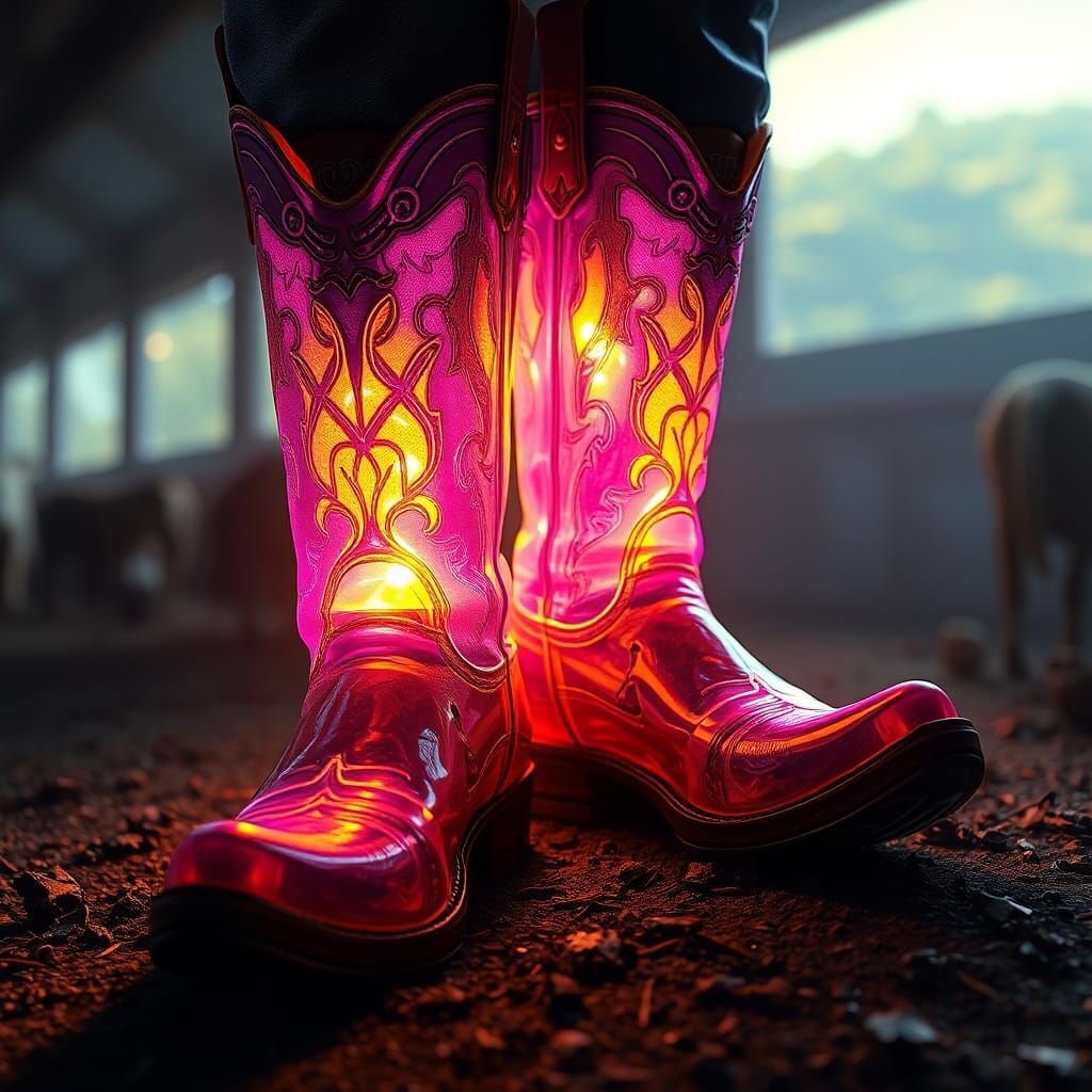 Transparent Cowboy Boots Reveal Cattle Farm, Dark Fantasy Ar...