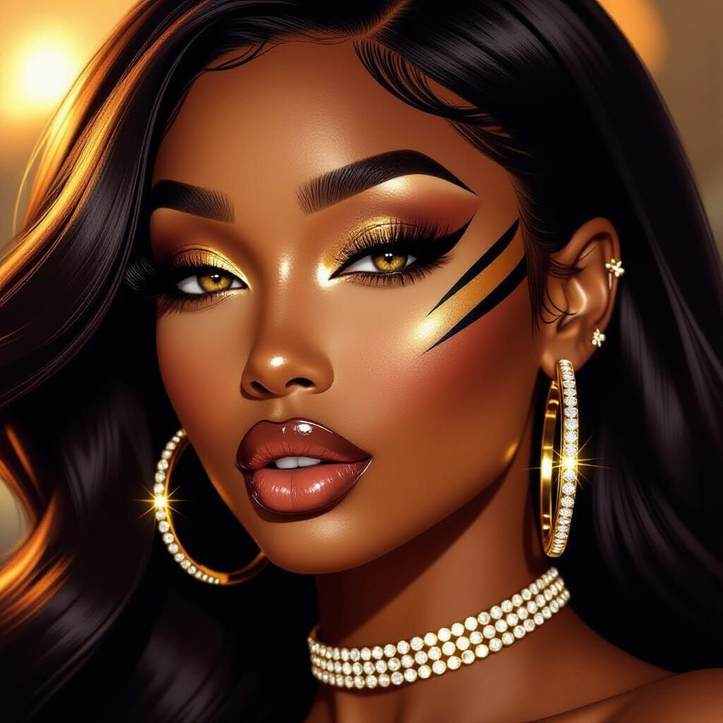 African American Woman with Gold Tiger Stripes and Diamond J...