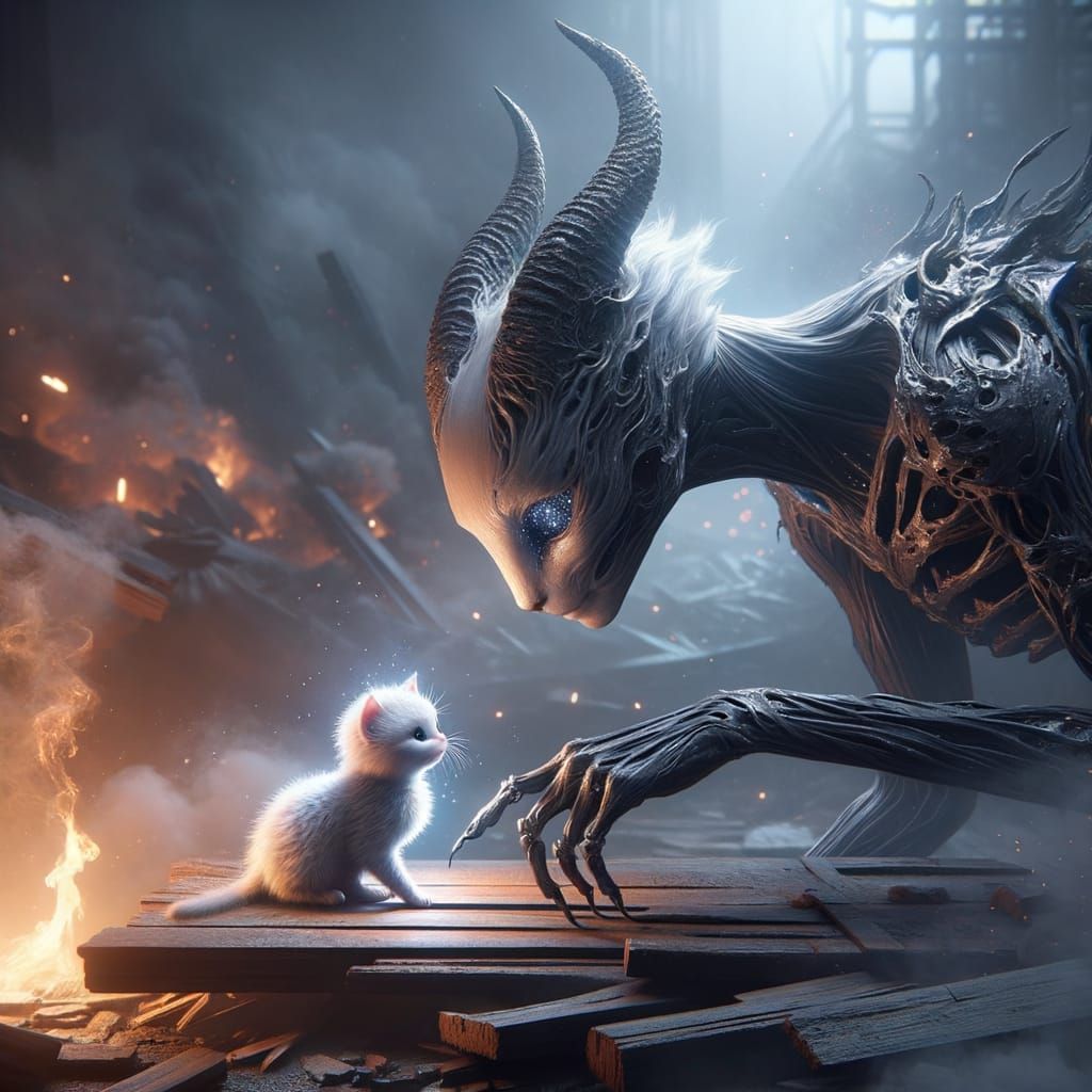 Whiskered Heroism Amidst the Smoky Ruins