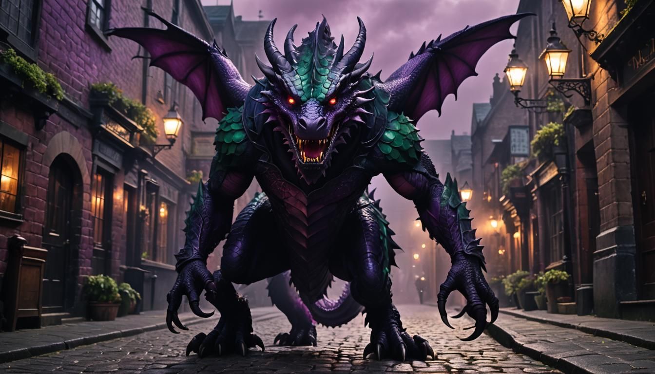 Half-Dragon Creature in Victorian Alley, Hyper-Realistic Art
