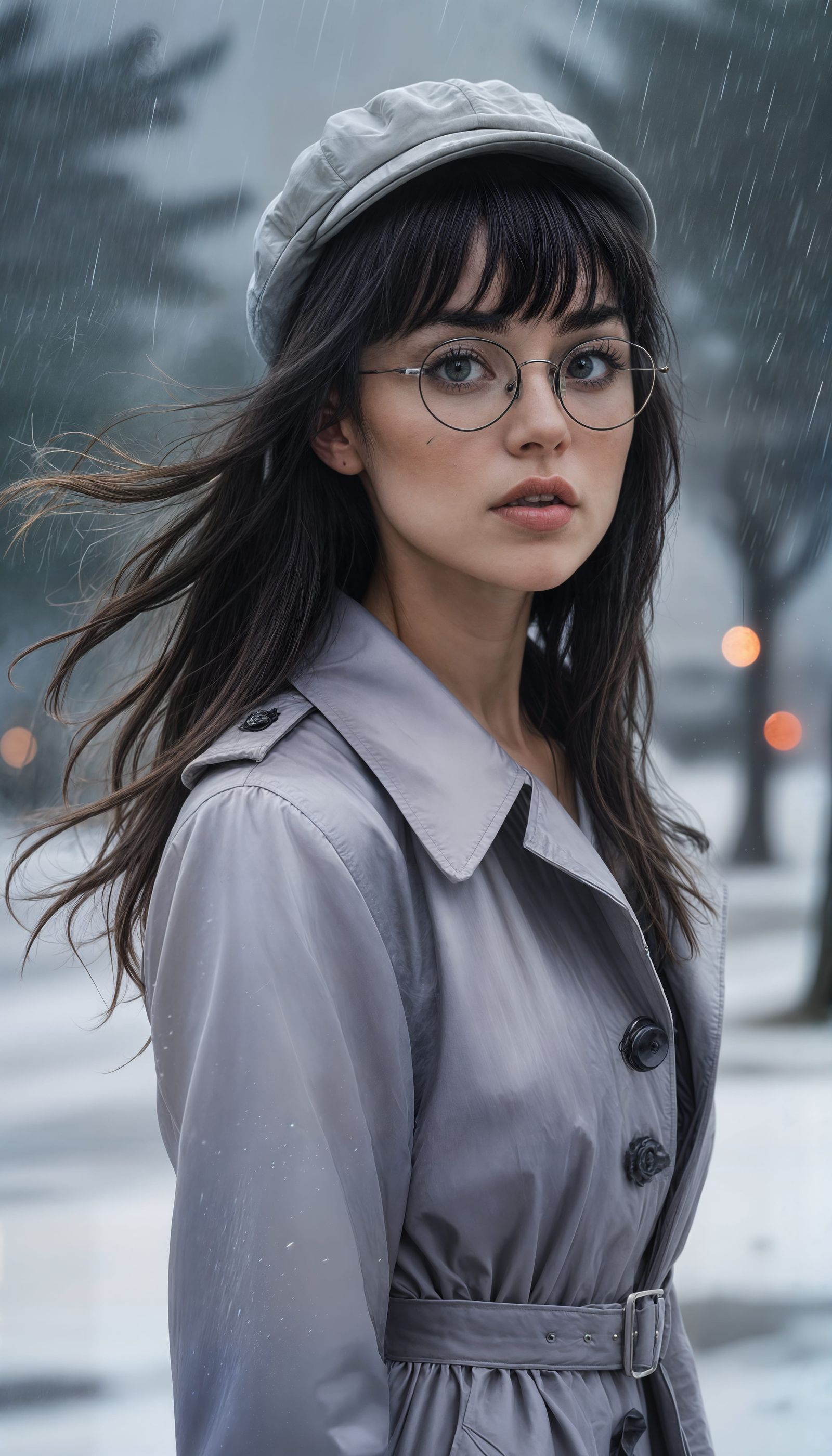 Y2K Woman in Blizzard: Candid Photograph