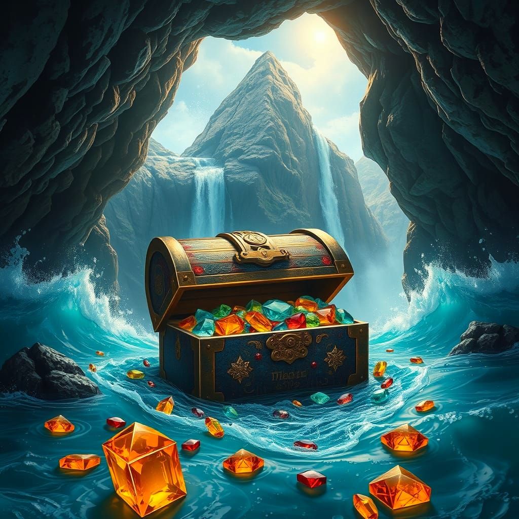 Hidden Treasure Cave Behind Waterfall: Hyperrealistic Art