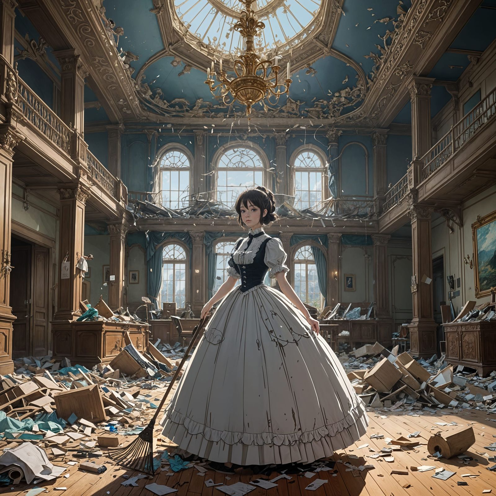 Anime Maidservant Cleans Ballroom in Ghibli Style