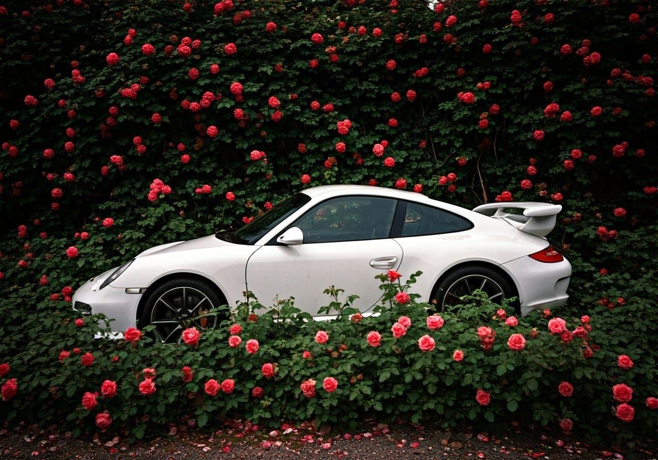 Majestic White Porsche 911 Adorned with Vibrant Wild Roses