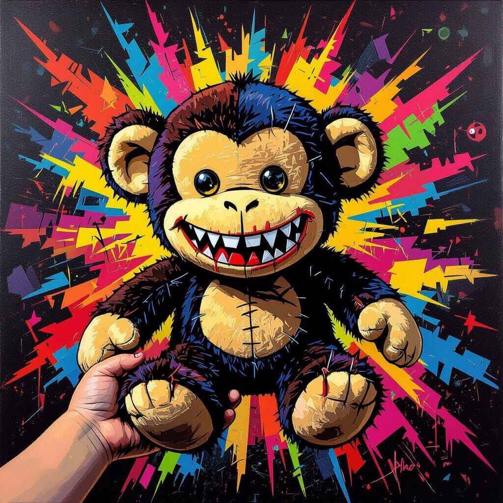Evil Stuffed Monkey with Screw Eyes in Pop Art Style