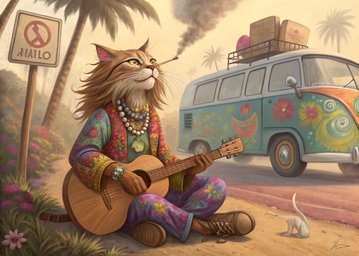 Anthropomorphic Cat Hippie Playing Guitar in India