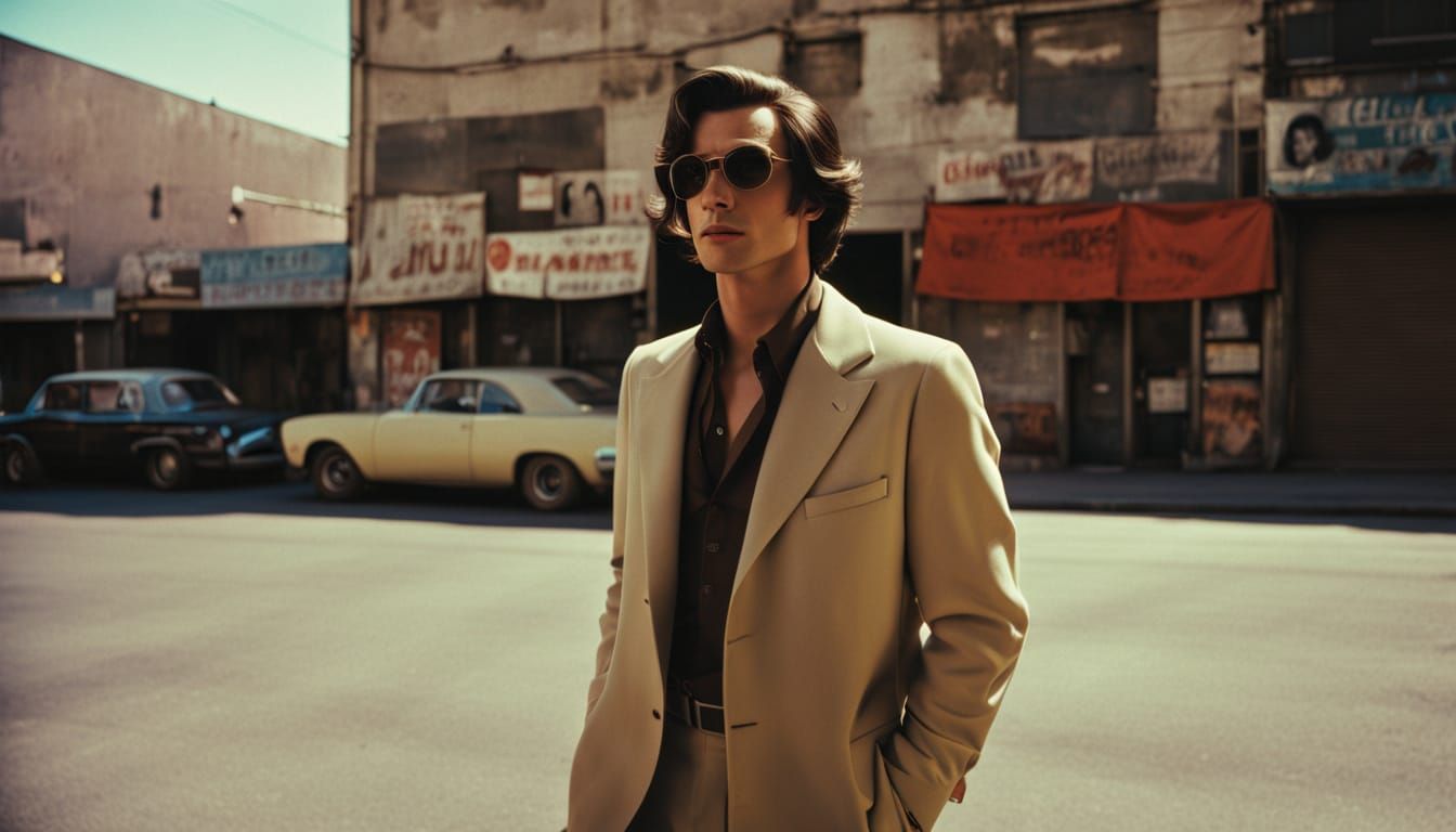 Sleazy Man in 1970s Film Noir Style