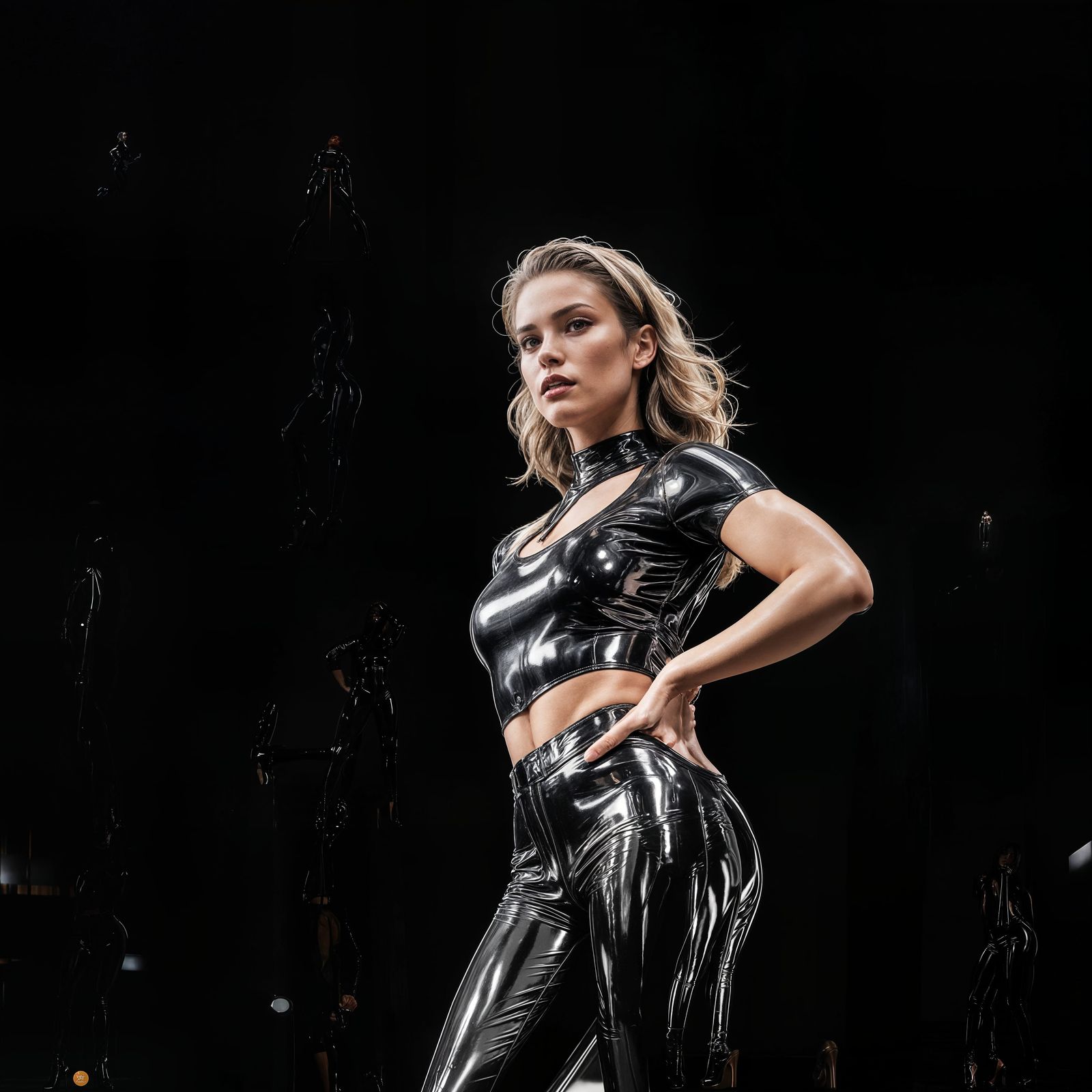 Woman Posing in Latex Outfit in Times Square