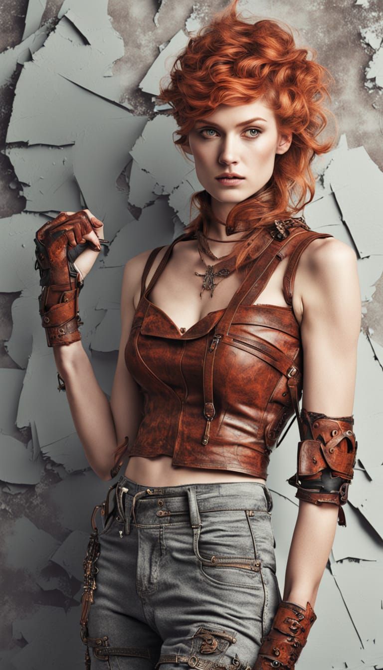 Papercraft Woman in Leather Corset with Red Hair