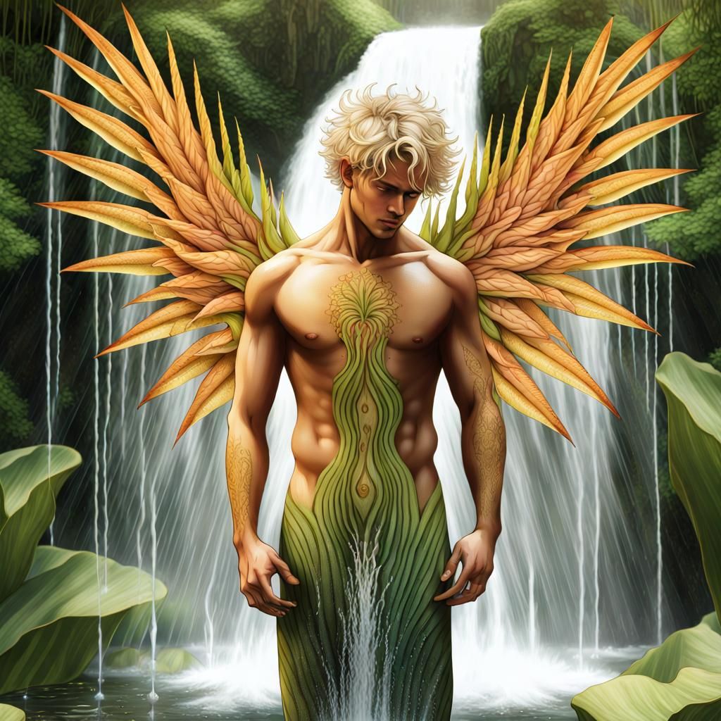 Winged Green Man in Lush Waterfall Garden