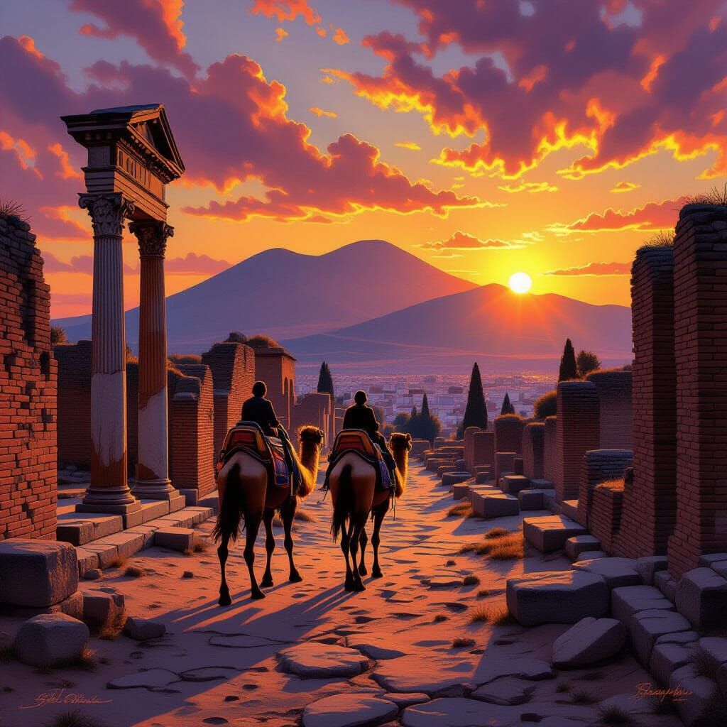 Majestic Camel in Ancient Vesuviano Ruins at Sunset