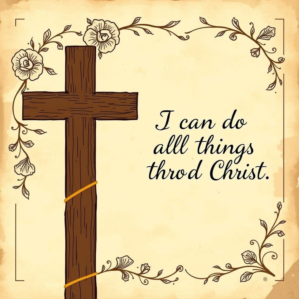 Vintage Christian Art with Hand-Drawn Florals and Wooden Cro...