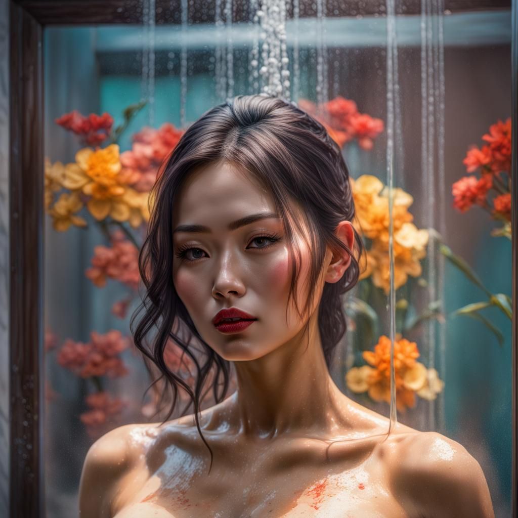 Sensual Vietnamese Woman Showering: Digital Art Portrait