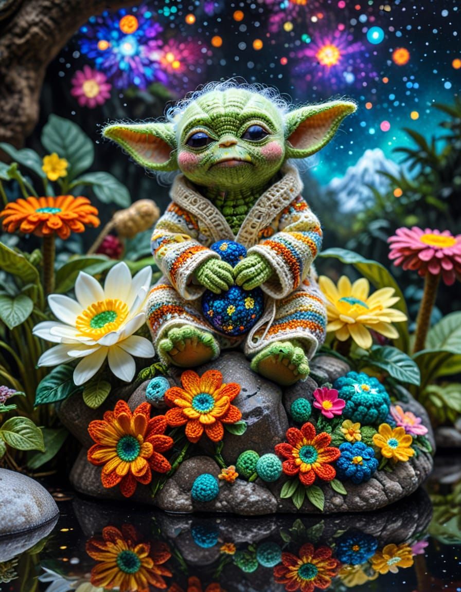 Klimt Crochet Yoda in a Fantasy Rainforest