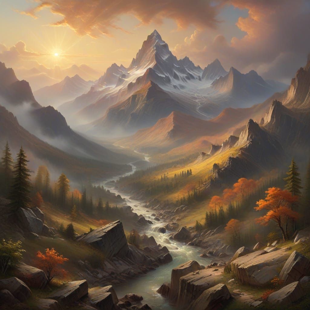 Vibrant Hudson River School Mountain Landscape