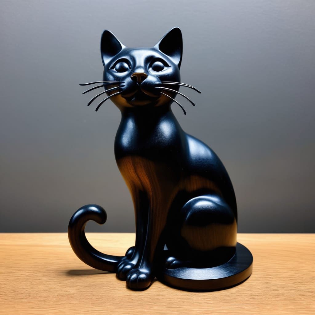 stretching cat sculpture in dark wood