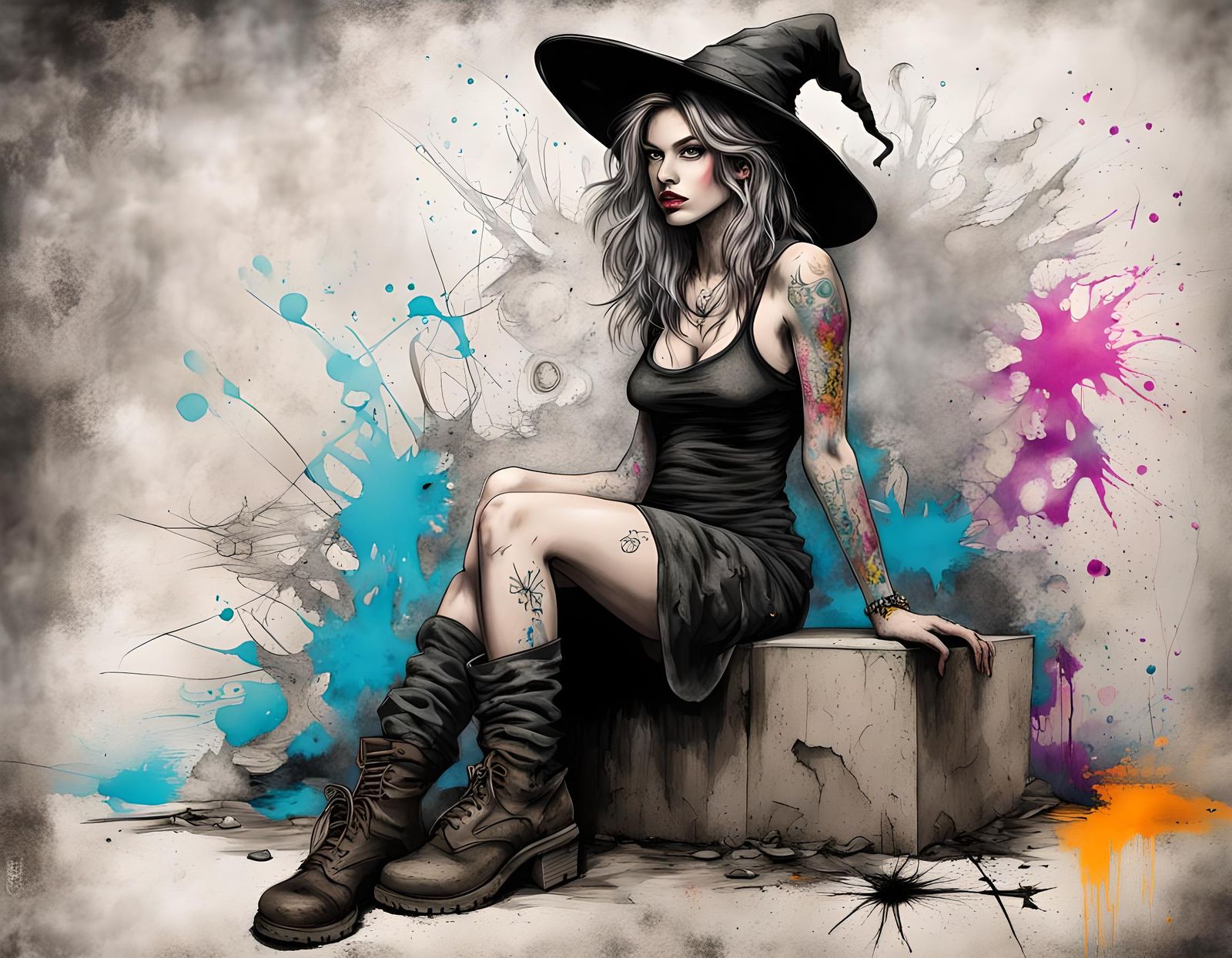 Hyperrealistic Sketch of a Modern Witch with Tattoos