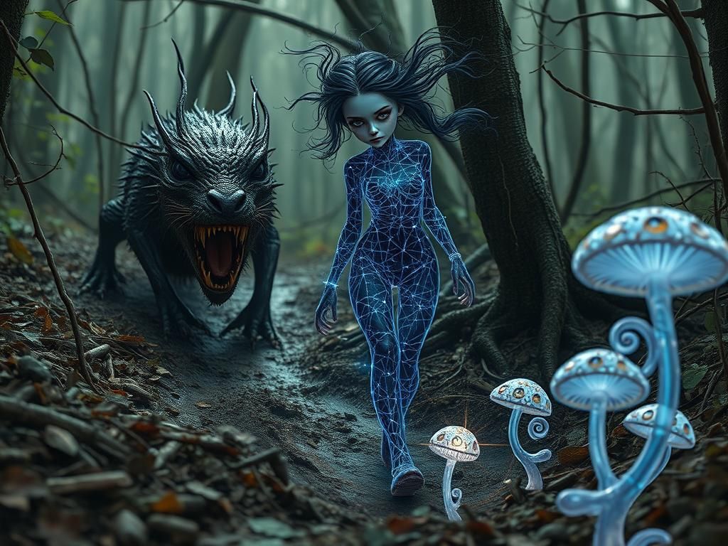 Goth Girl Confronts Forest Creature in Dreamscape