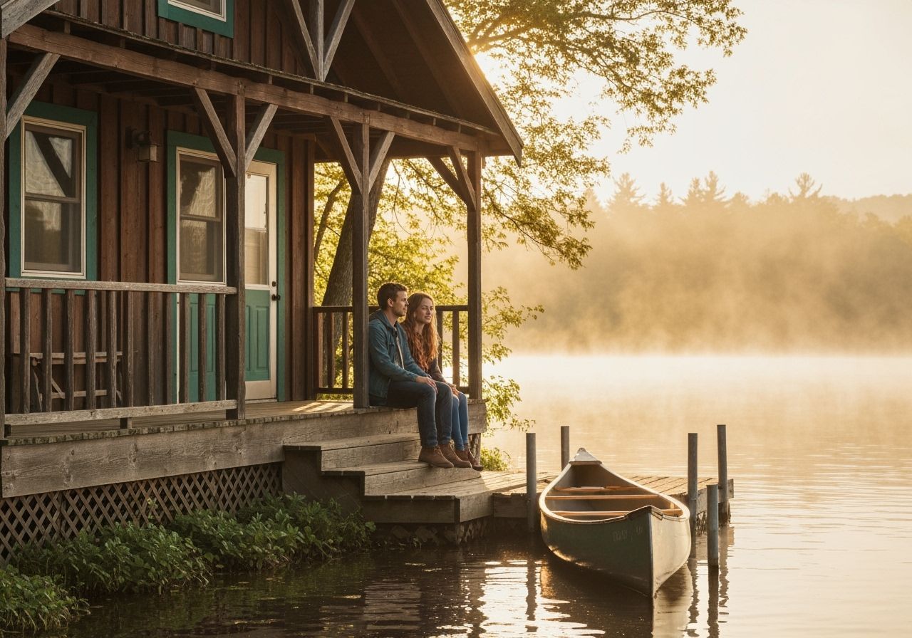 Rustic Cabin Serenity: Couple Enjoying Golden Hour by Lake