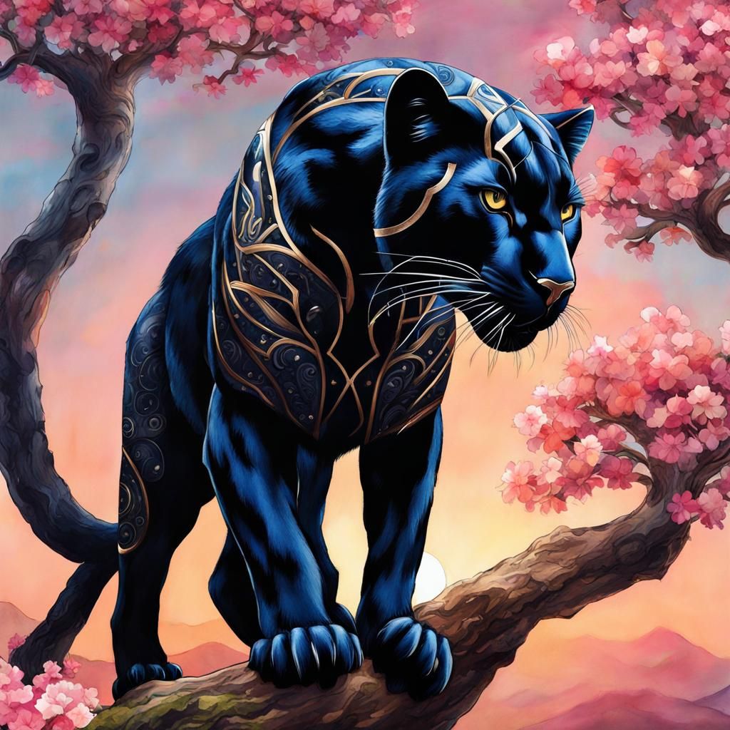 Steampunk Panther Tree in Watercolor Style