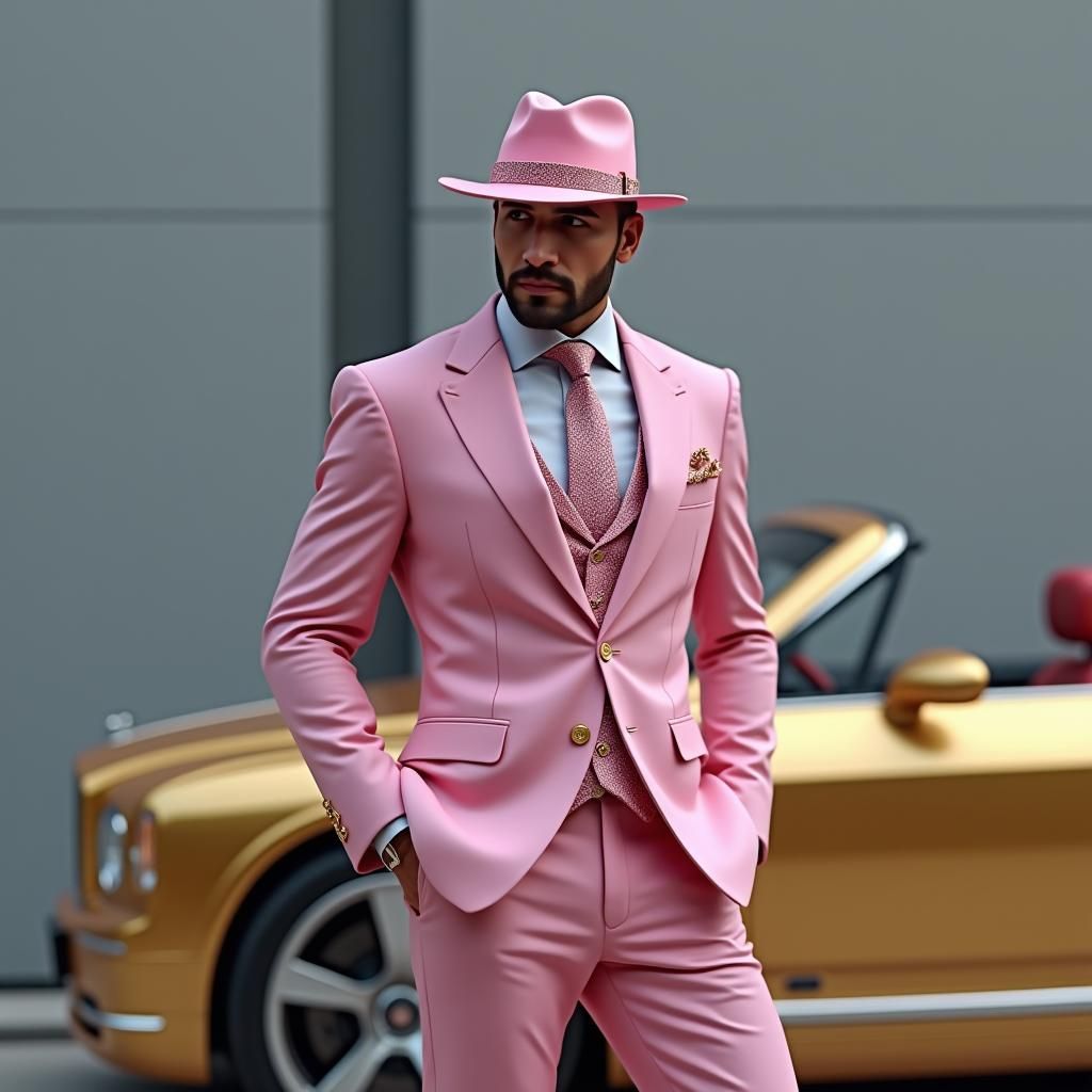Man in Pink Suit with Gold Car, High-Fantasy Concept Art