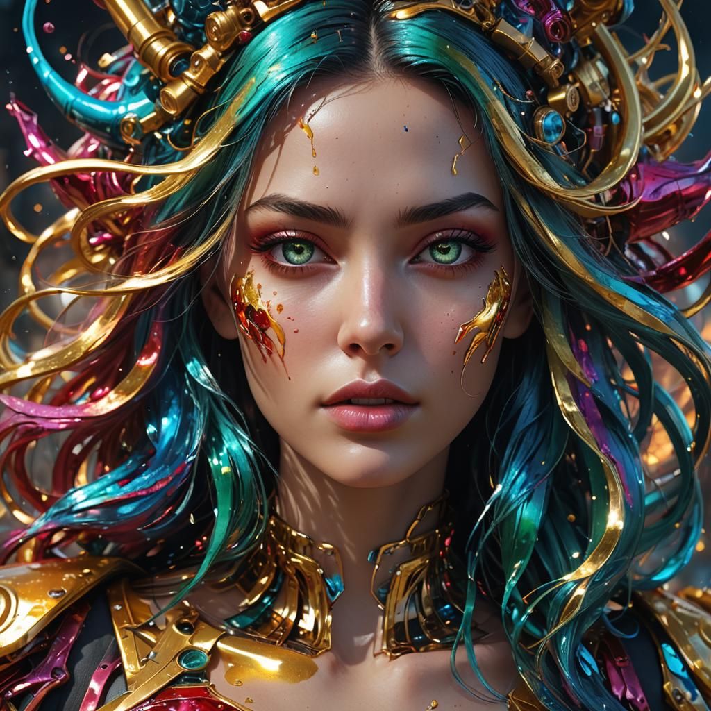 Metallic Girl Portrait in Vibrant Digital Art Style