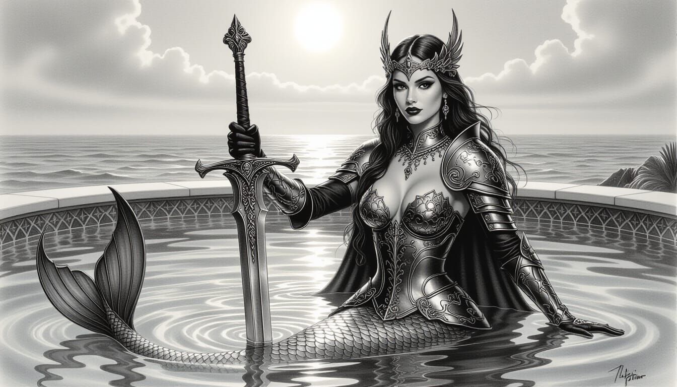 Armored Mermaid and Vampire Knight in Charcoal Drawing