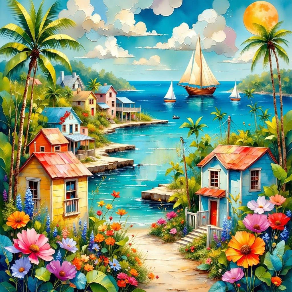 Retro Key West Neighborhood with Collaged Elements