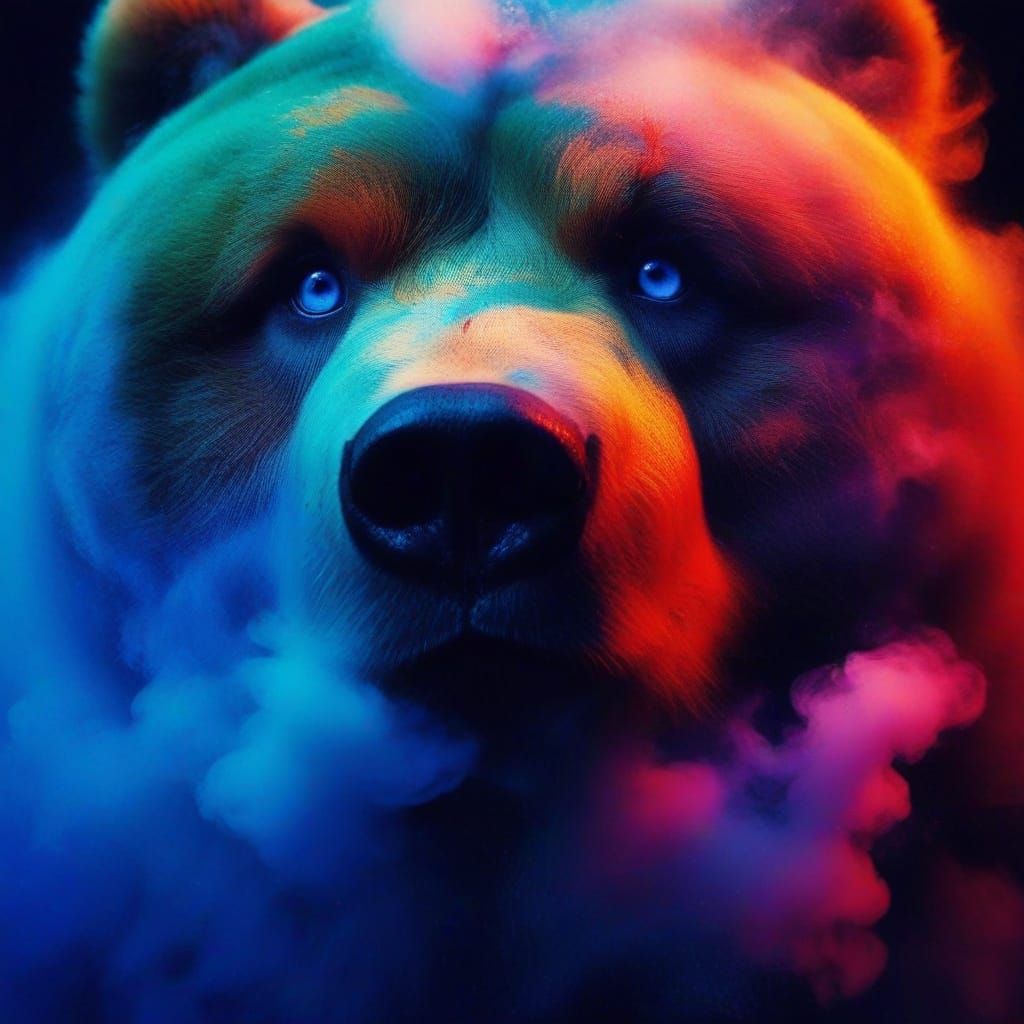 Ethereal Bear in Colored Mist, Royal Blue Eyes Glow