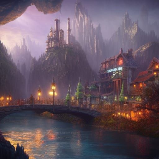 Fantasy Town on Bridge: Detailed Matte Painting