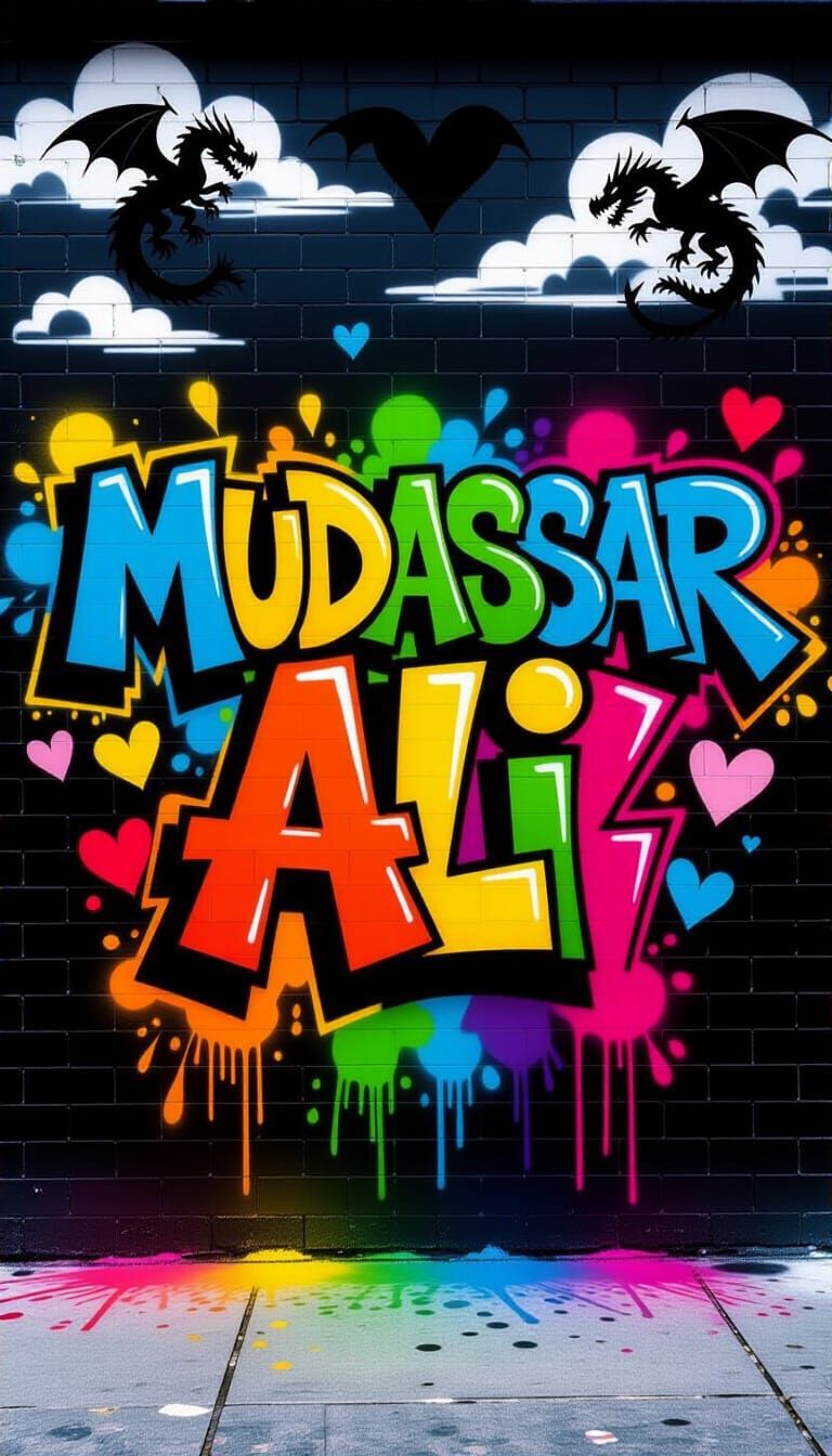 Graffiti Art: 'MUDASSAR ALI' on Black Brick Wall