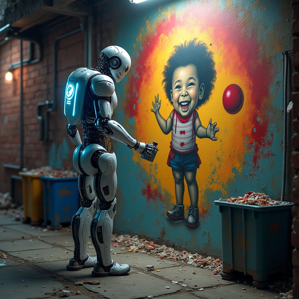 Robotic Street Artist Creates Vibrant Mural of Joyful Child