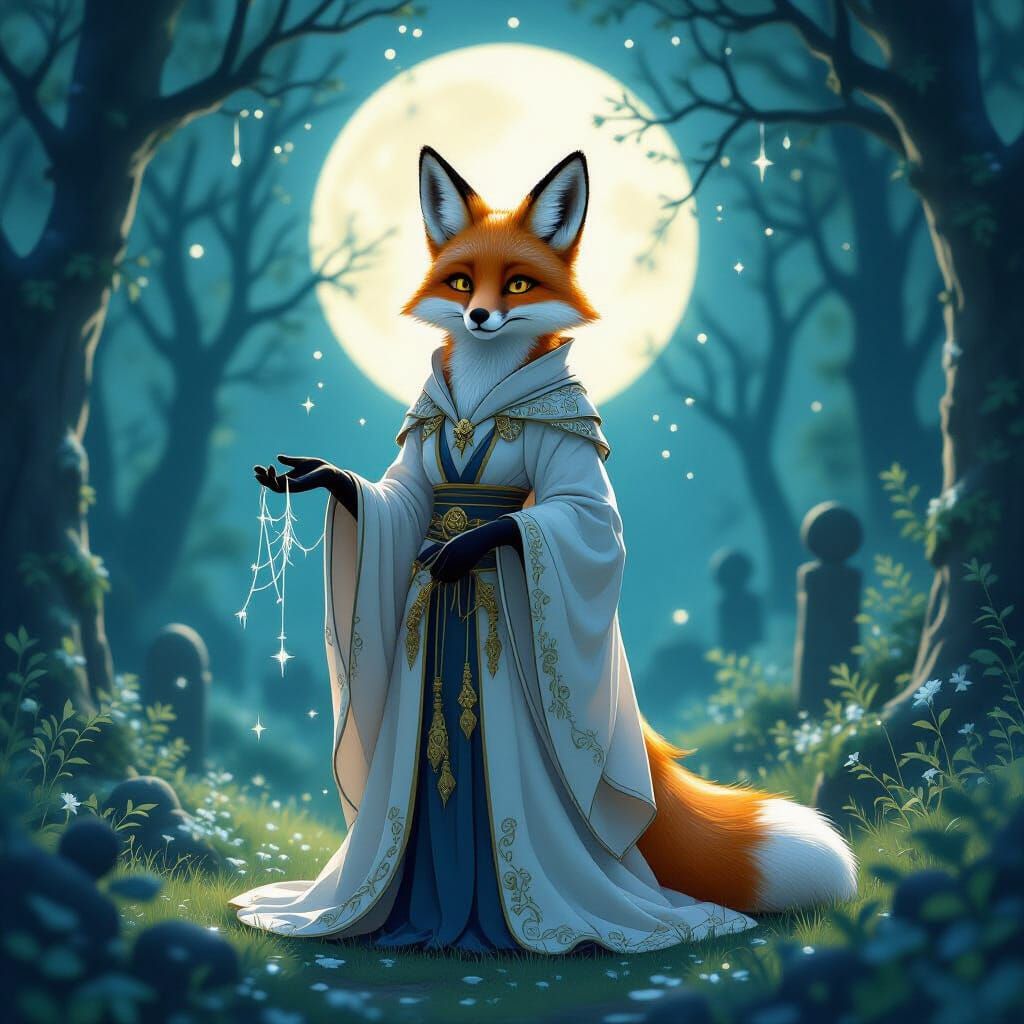 Fox in Spider Silk Robes in Moonlit Glade