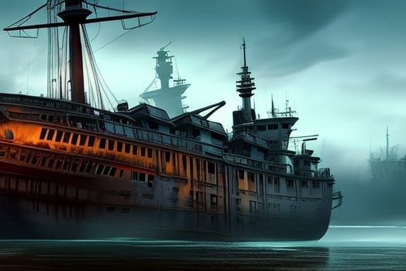 Spooky Ship Graveyard at Night, Digital Painting